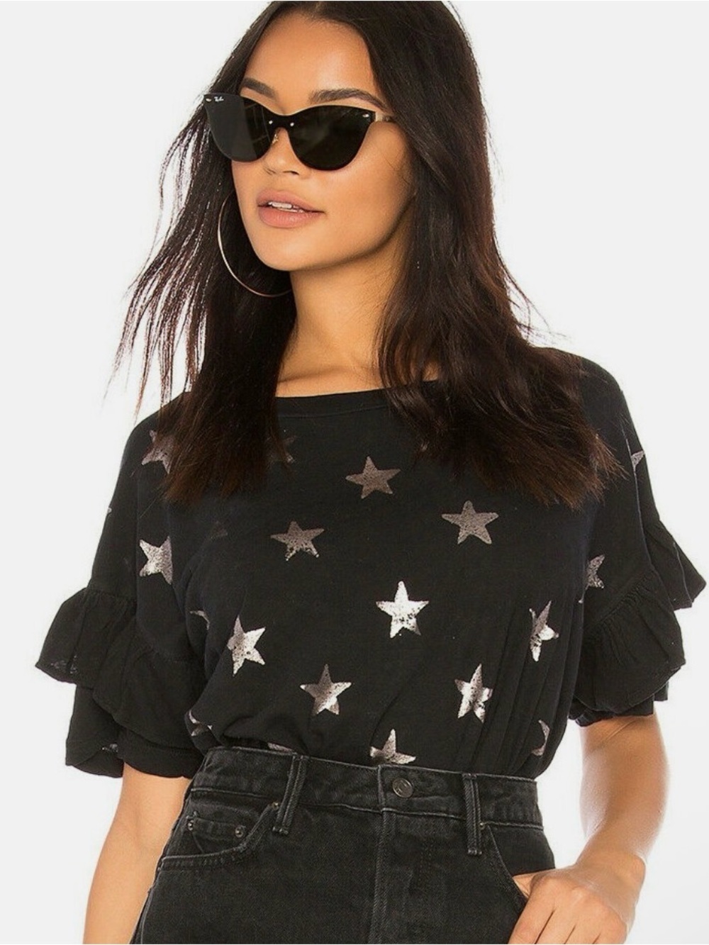 CURRENT ELLIOTT Sz1=S THE RUFFLE ROADIE SHORT SLEEVE BLACK TOP WITH FOIL STARS